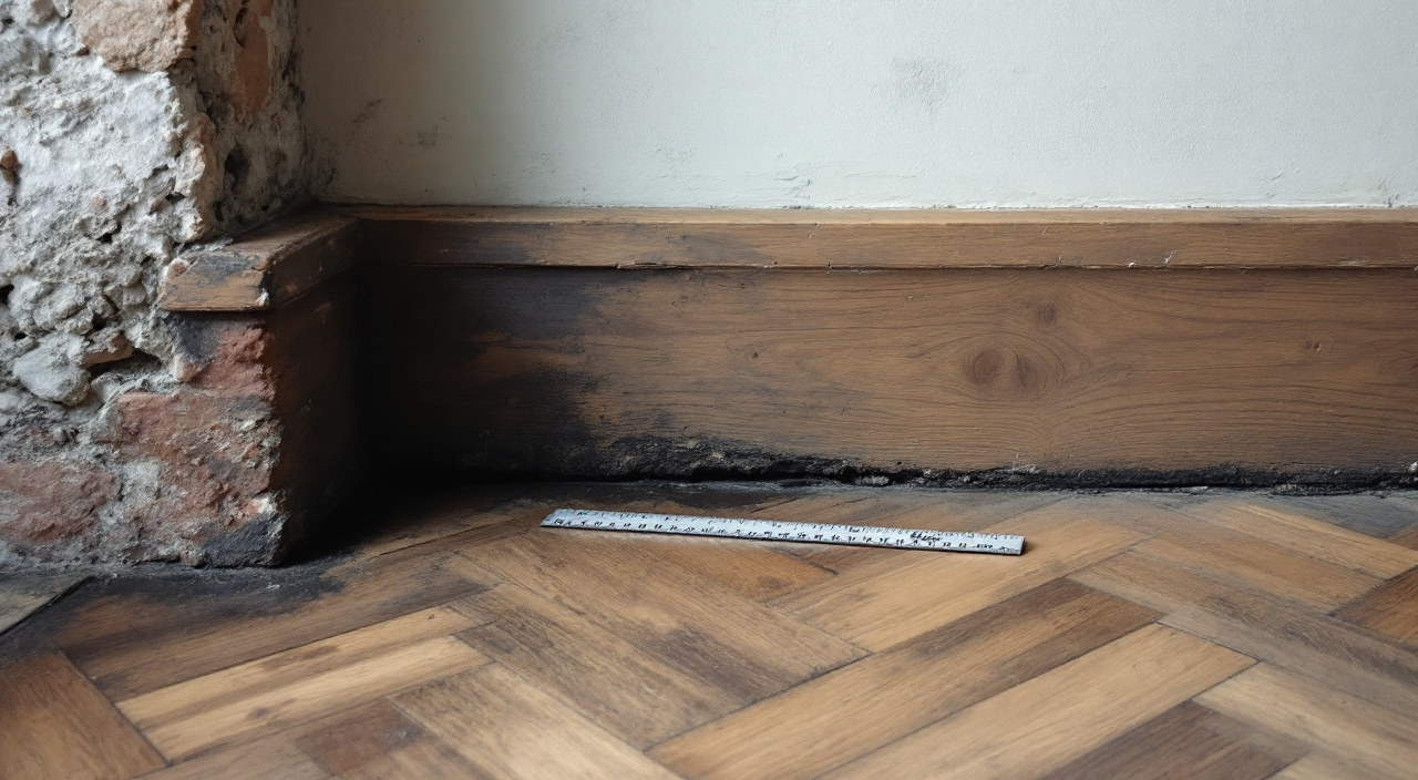 Rive de parquet soulevée le long d'un mur ancien, plinthe déposée montrant un enduit humide en pied