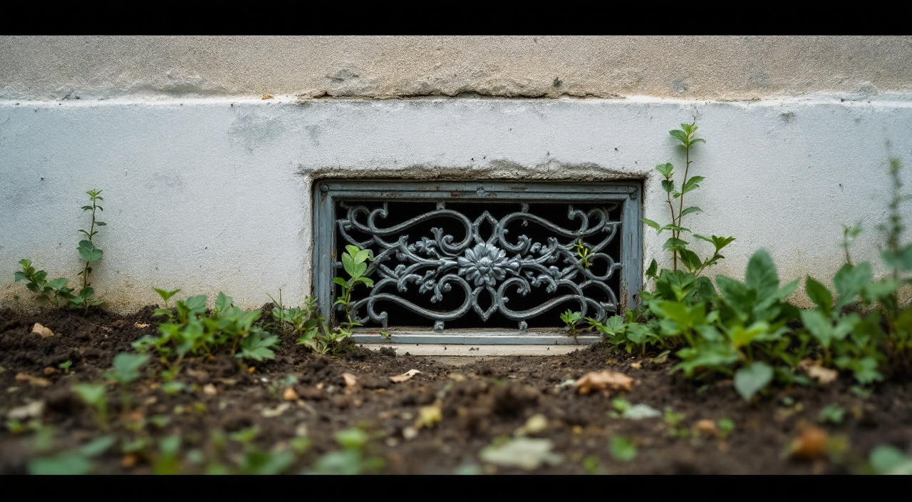 Grille de ventilation de vide sanitaire encombrée en pied de mur
