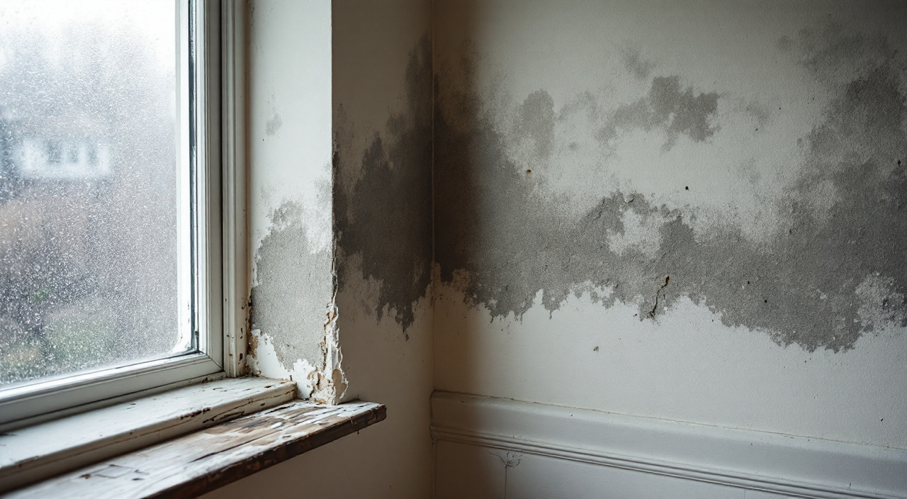 Angle de chambre orienté au nord avec buée sur la vitre, moisissure grise dans l'angle du mur et plinthe gonflée